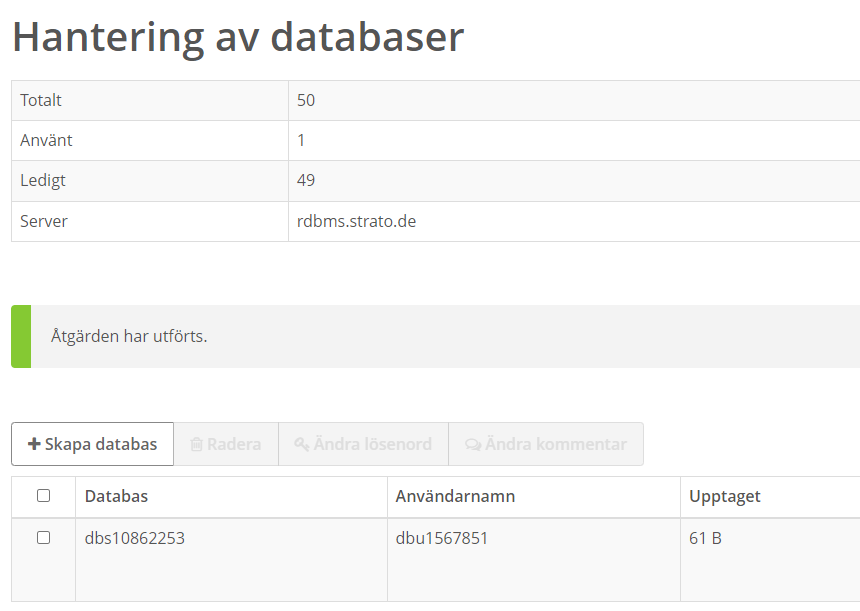 Skärmdump av området Hantering av databaser i STRATO Kundinloggning